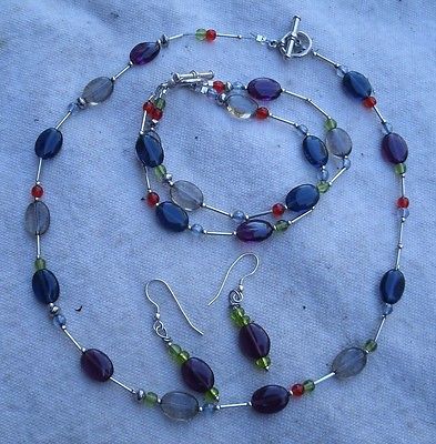 Handmade Glass & Silver Bead Jewelry Set,Necklace,Bracelet,Earrings -blue,purple
