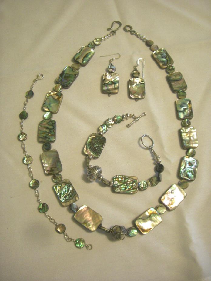 4-PC  ABALONE/SHELL/SILVER BEAD NECKLACE/EARRINGS/BRACELET/ANKLET #MADE IN USA