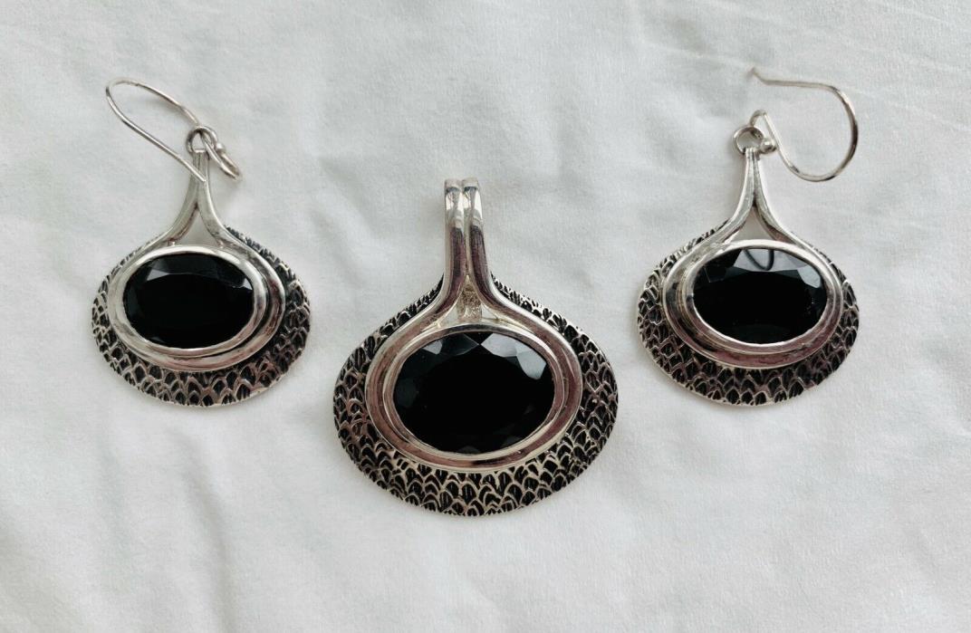 Sterling Silver Black Onyx Artisan Pendant and Earrings Set