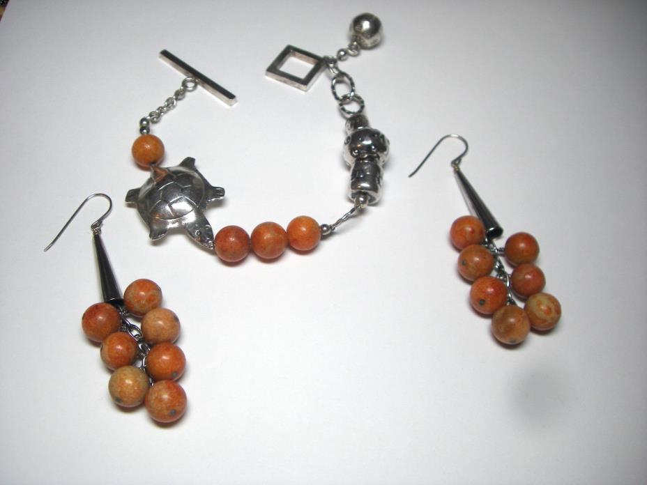 SPINEY OYSTER BEADS/NEPAL TURTLE- STERLING BRACELET and EARRING SET