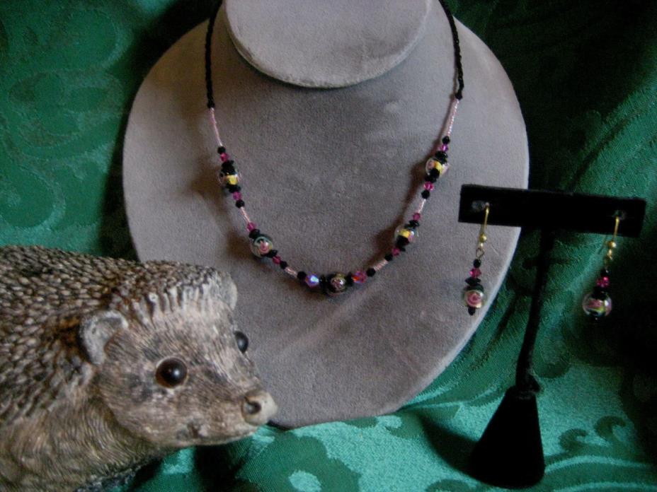 Artisan handmade NECKLACE pierced EARRINGS set glass beads Roses pink black