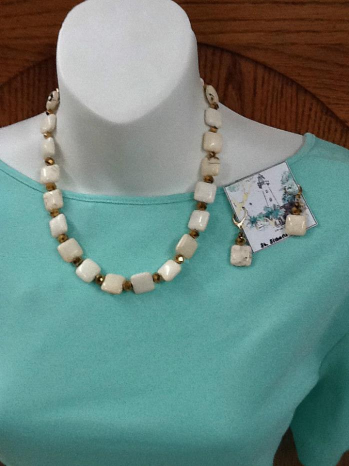 New! Real Stone Necklace and Earrings Set Handcrafted White with Gold
