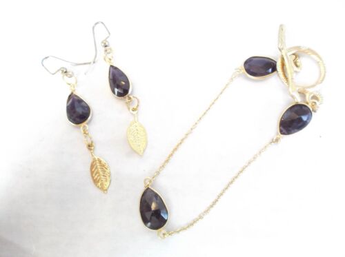 Leaf Design Amethyst Bead Bracelet And Drop Pierced Earrings Set