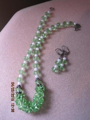 Stunning HANDCRAFTED Light Green Faceted Glass Cluster Front Necklace & Earrings