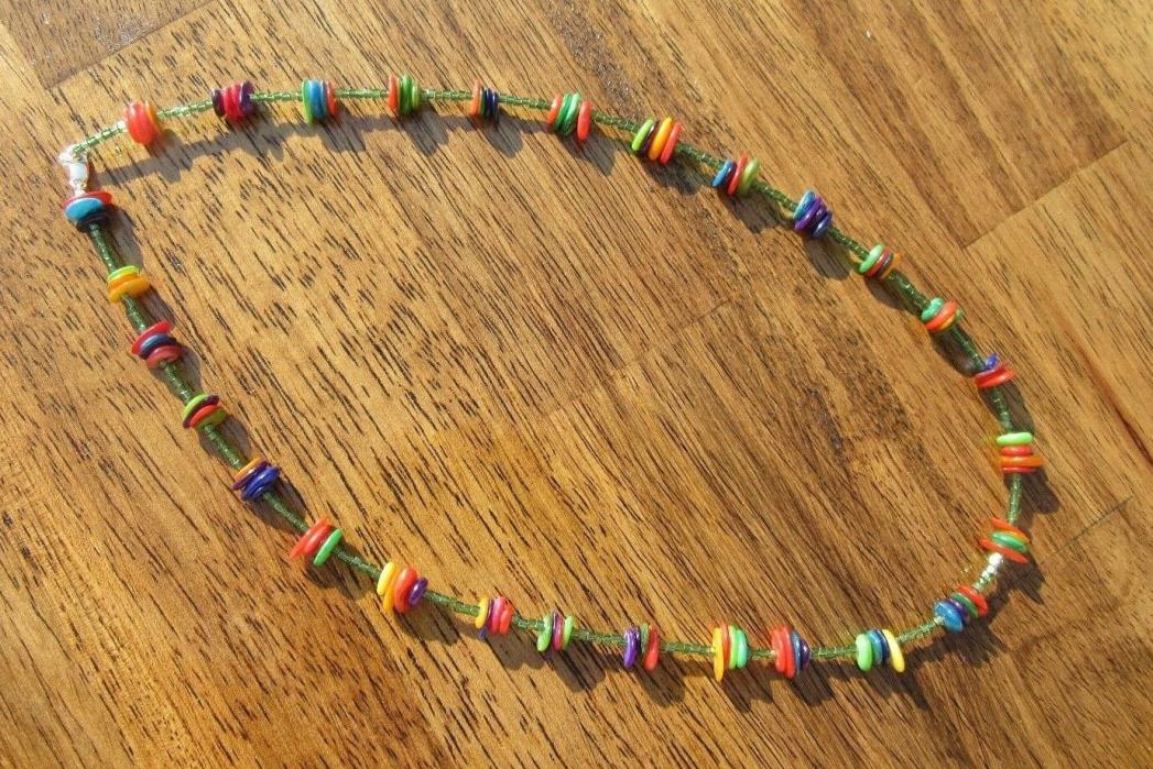RAINBOW NECKLACE FOREST GREEN MIYUKI CUBES AND RAINBOW DYED ABALONE SHELL