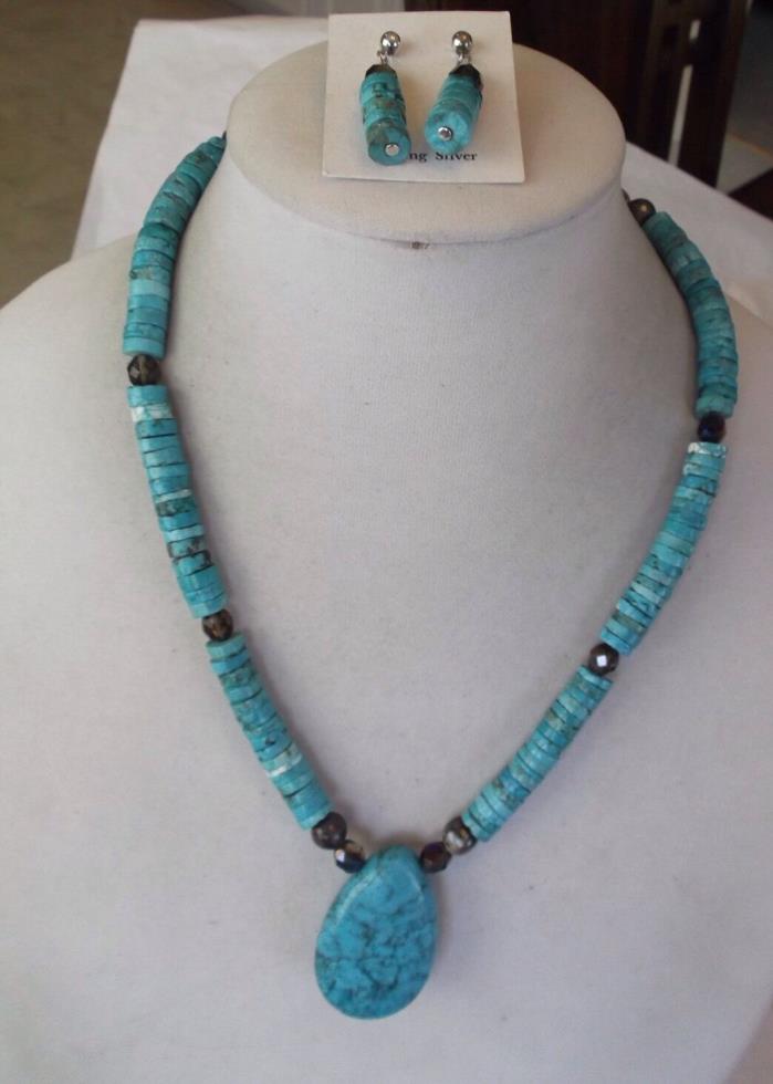 Sterling Silver heishi Turquoise, Pearl Beaded Necklace, Pierced Earrings