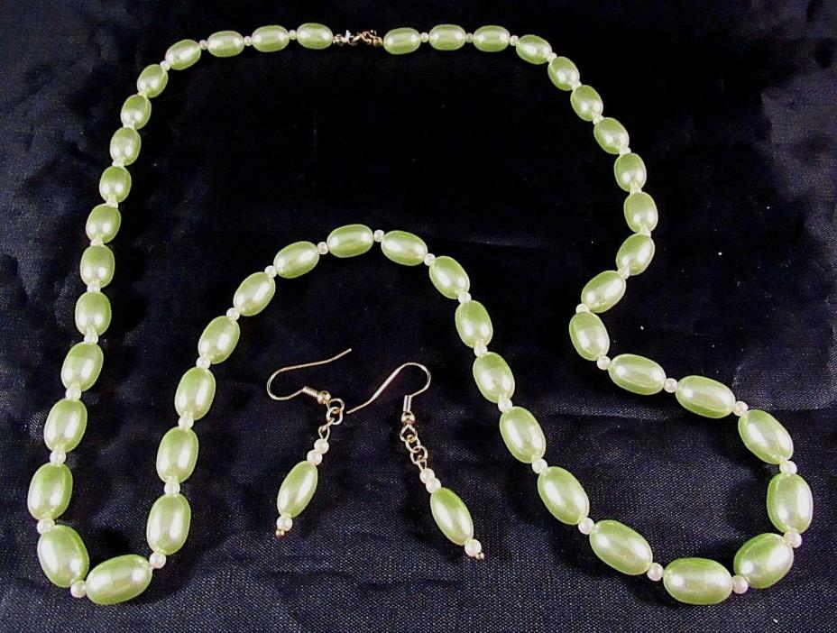 Handmade Ladies Necklace Matching Pierced Wire Earrings Light Green Faux Pearls