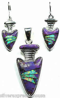 Fire Opal & Purple Turquoise Inlay 925 Sterling Silver Pendant & Earrings set