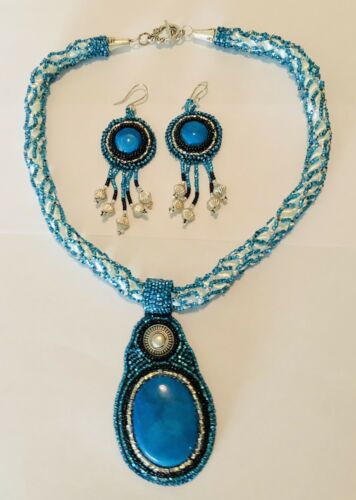 Bead Embroidery Necklace & Earring Set, Turquoise And Silver