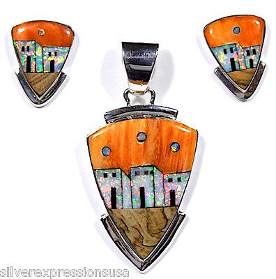 Multicolor & Fire Opal Inlay 925 Sterling Silver Pueblo Pendant & Earrings Set