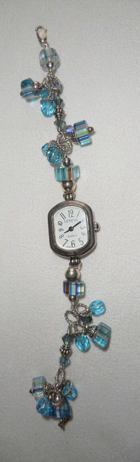 Artisan handcrafted blue beaded bracelet watch, lamp work, silver, Geneva