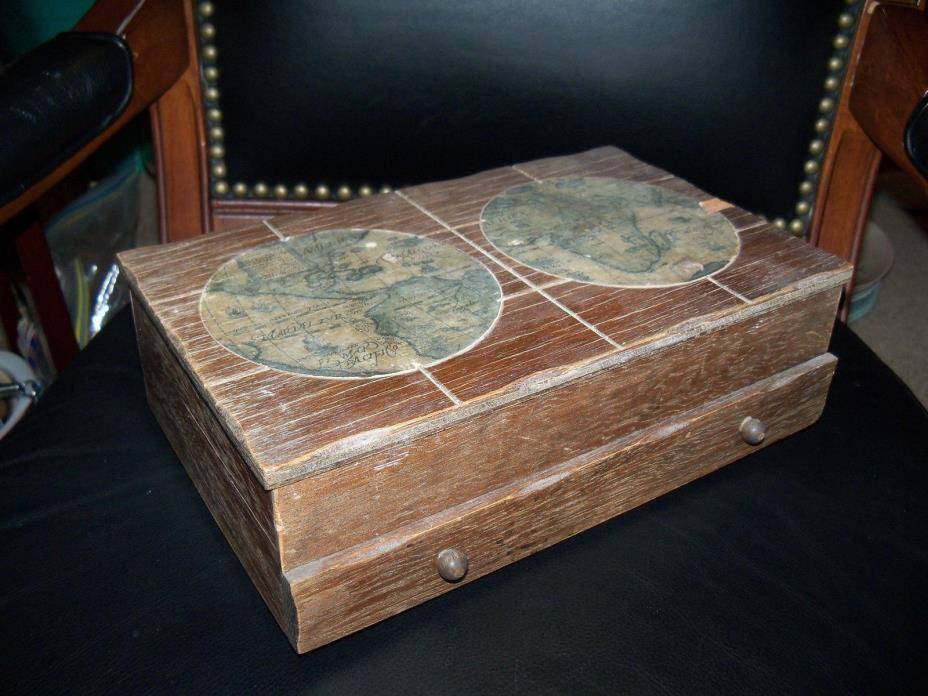 Vintage Jewelry Box Wooden with Sectioned Lined Interior and Drawer Globe