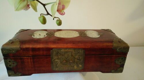 Vintage big treasure  jewelry box wood mother of pearls inlays and brass trims