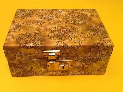 Vintage Girls Jewelry Box Gold and Tan Flower Motif