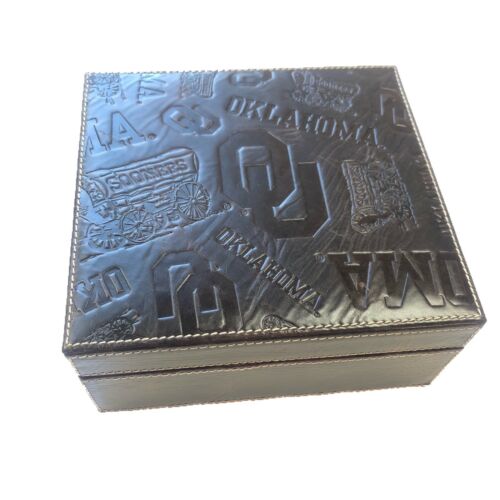 Fossil Oklahoma Sooners OU football genuine leather brown embossed jewelry box