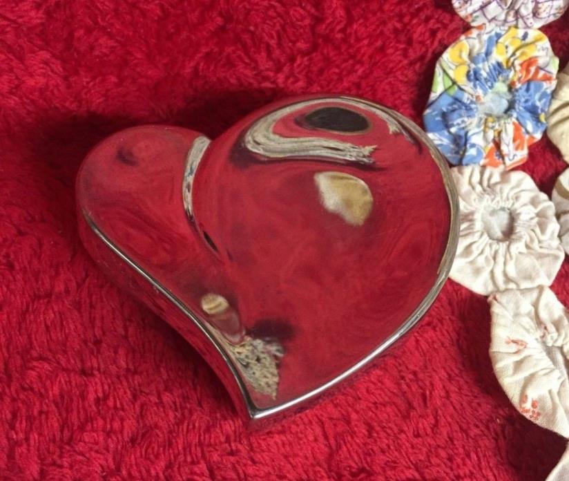 Stylized Heart Silverplate Jewelry Trinket Box Red Lining Nice Curved Design