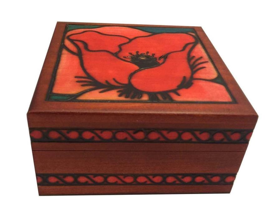 Georgia O'Keeffe Red Poppy Polish Linden Wood Handmade Jewelry Keepsake Box