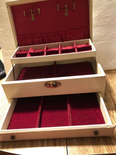 Vintage Cream Leather Jewelry Box Locks 3 Levels Crushed Scarlet Velvet Interior