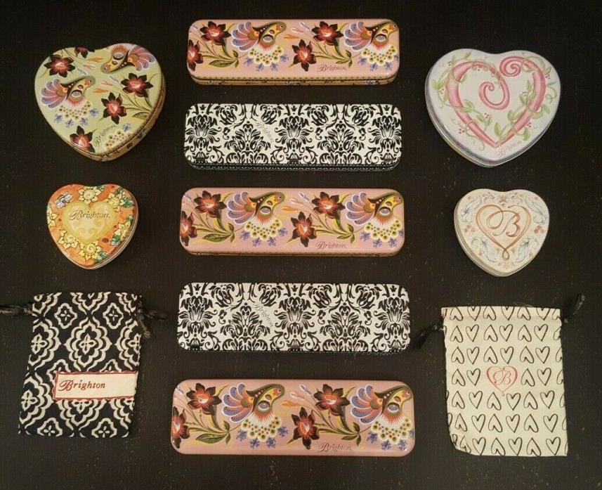 Lot of 11 BRIGHTON Heart-Shaped Tin Jewelry Boxes, Watch Boxes, Fabric Bags