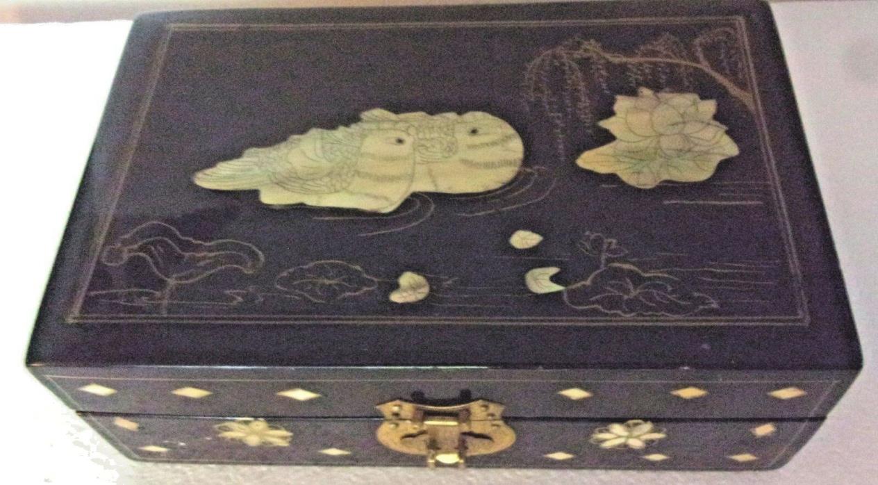 Vintage Black Lacquer Jewelry Box w/ Inlaid Mother of Pearl Birds