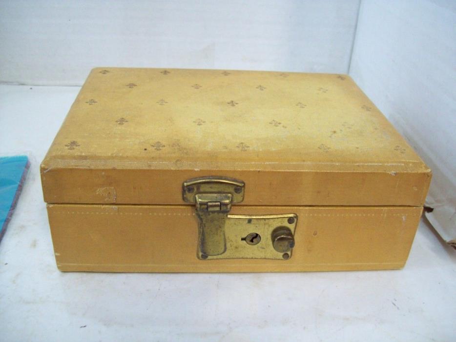 VTG 1950s  Gold Jewelry Box - cloth covered gold trim velvet lining 7.5