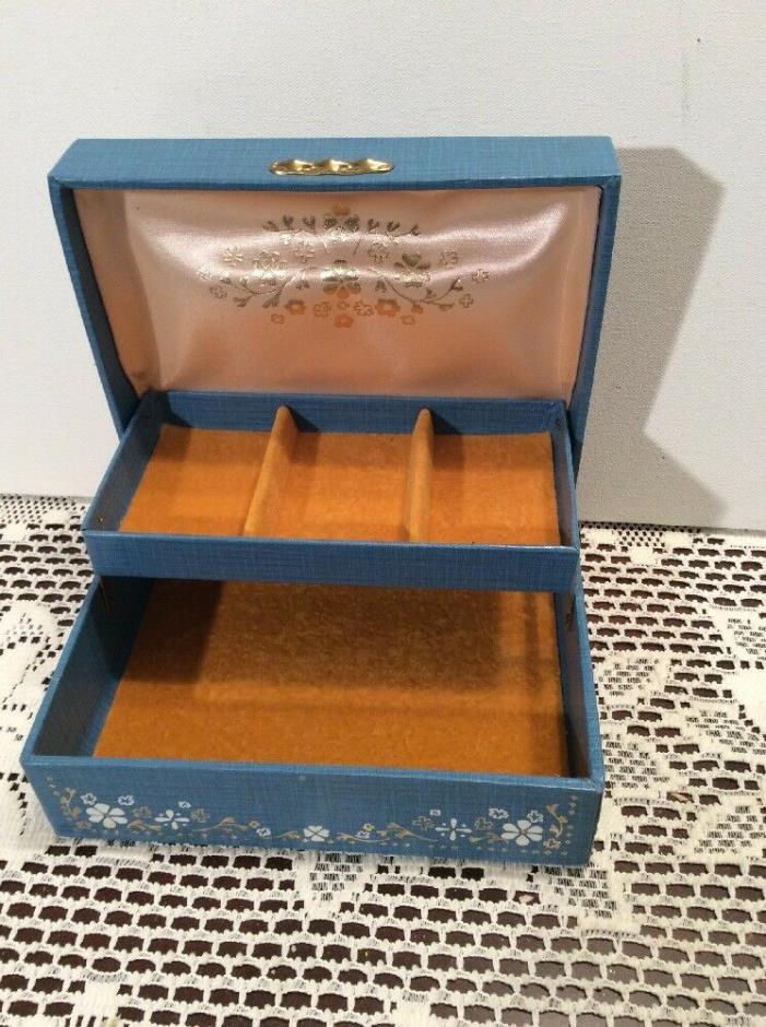 Turquoise blue Vinyl Covered Jewelry Storage Trinket Box Gold Trim