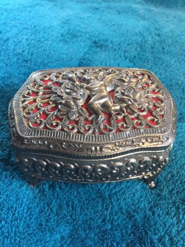 Vintage Japan Silver Tone Footed Jewelry Jewelry Box Red Velvet Lined Cupid