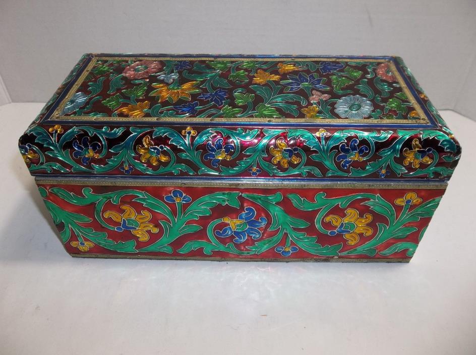 Vintage Punched Tin JEWELRY BOX Bright FLOWERS