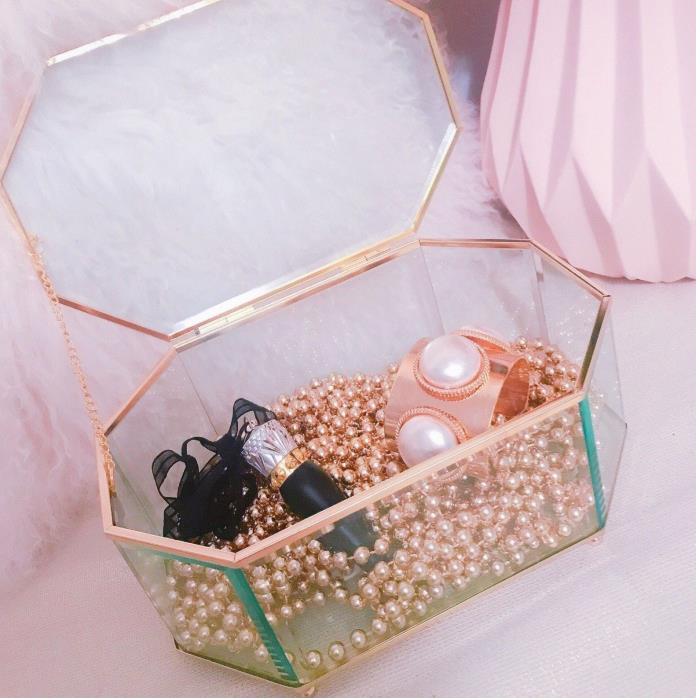 Modern Instagram Glass Jewelry Box With Gold Edges makeup brush Box Wedding gift