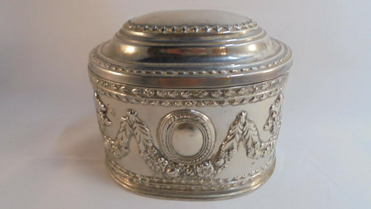 Vtg Silver Metal Oval Trinket Box Hinged Lid Red Velvet Lined