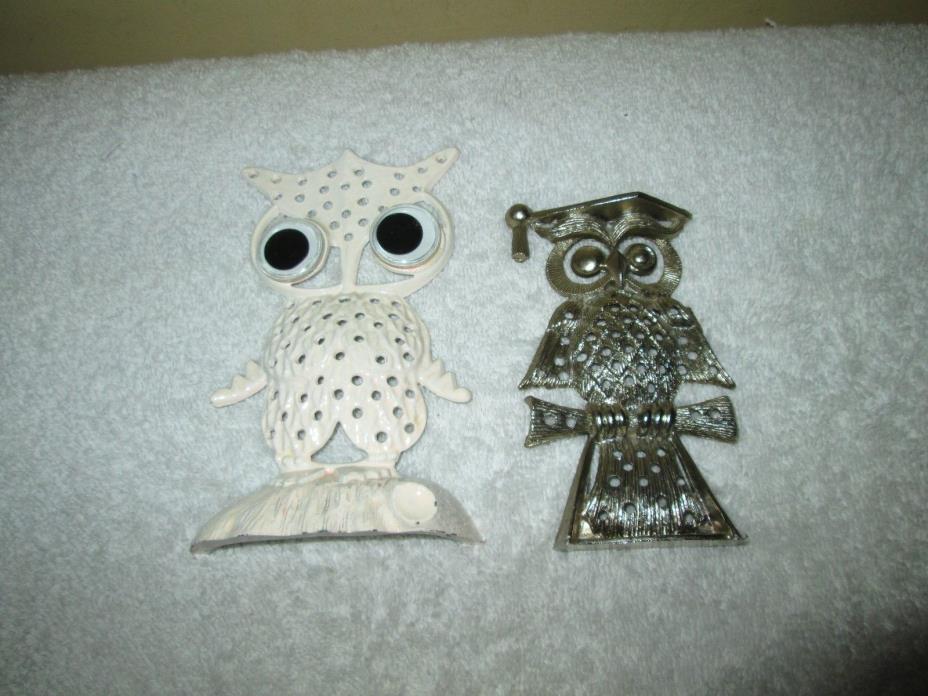 2 VINTAGE METAL OWL FIGURE EARRING HOLDER TABLE VANITY TOP