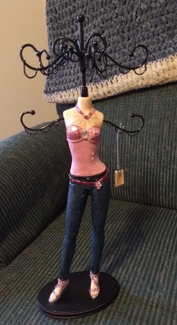 Gorgeous Doll Jewelry Stand - Wearing Jeans & Pink Tube Top Outfit