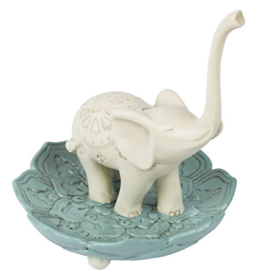 Grasslands Road Resin Good Luck Elephant Jewelry Ring Holder, White / Teal, 3.5