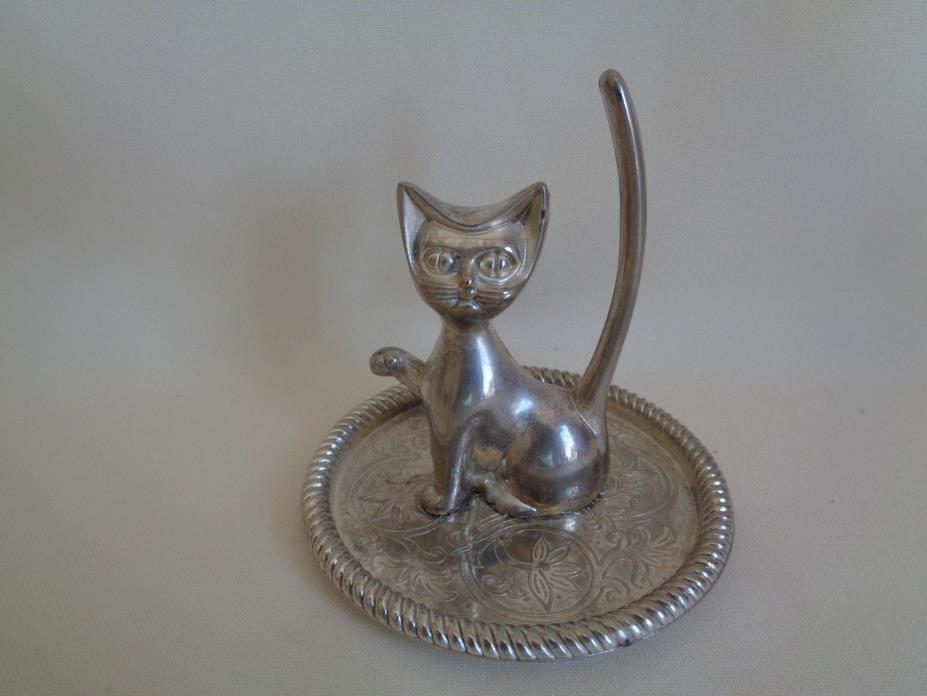 VINTAGE SILVER PLATED RING HOLDER CAT FIGURE