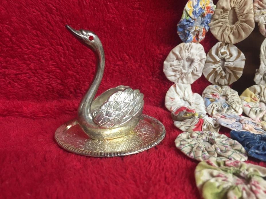 Vintage Silverplate Swan Ring Holder with Red Rhinestone Eyes NOS Original Box