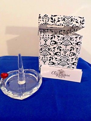 Crystal Clear Oleg Cassini Heart Jewelry Ring Holder in Box Designer Etched Sign