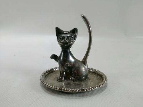 Vintage Silver Plated CAT RING HOLDER TRINKET TRAY jewelry dish