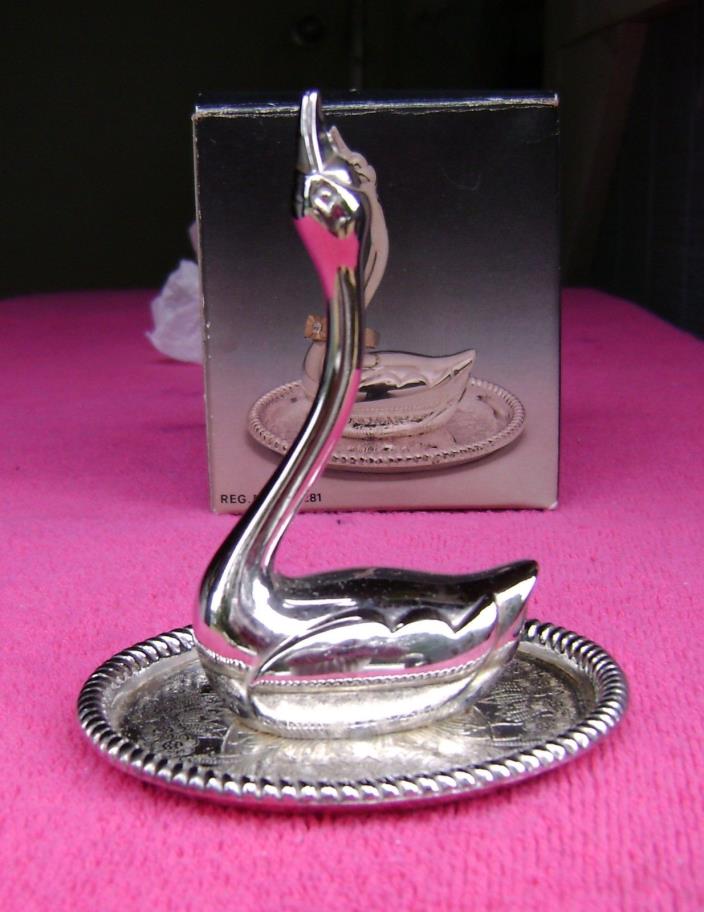 NIB Vintage Silverplate Swan Ring Holder With Attached Tray