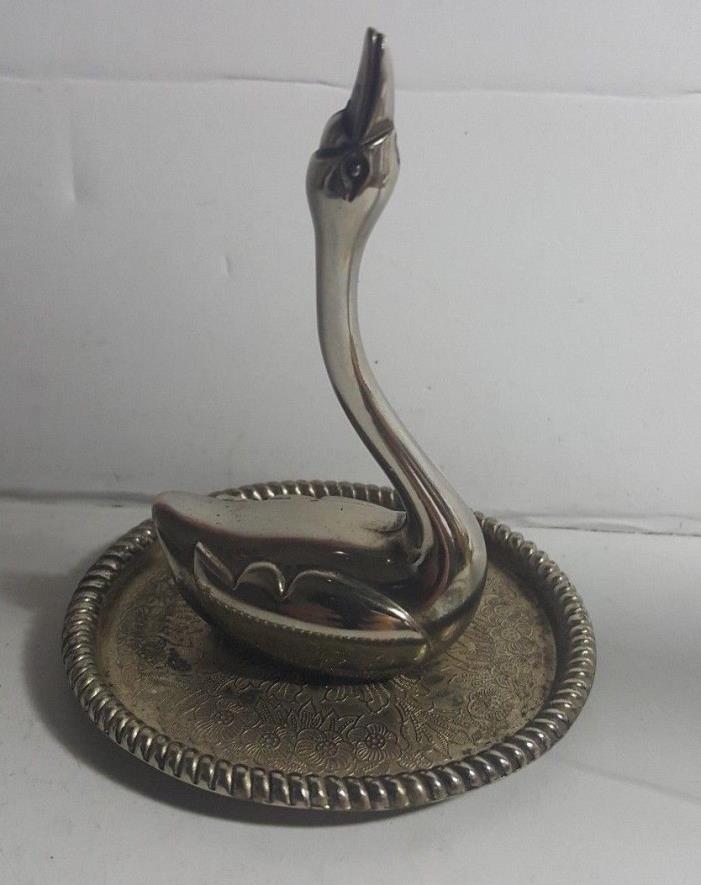 Swan Bird Ring Jewelry Holder Silver Plated Vanity Vintage