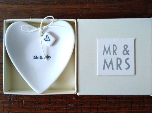 East Of India Mr. & Mrs. Heart-Shaped Ring Dish in Gift Box Porcelain 3.5
