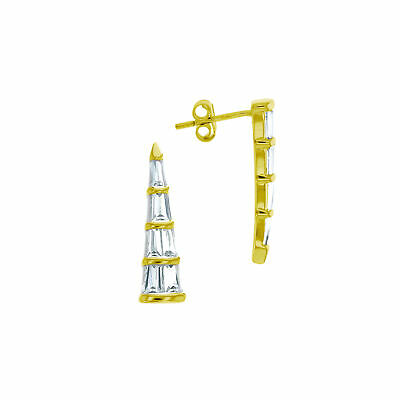 Sterling Silver Gold Plated Slim Triangle Baguette CZ Earring