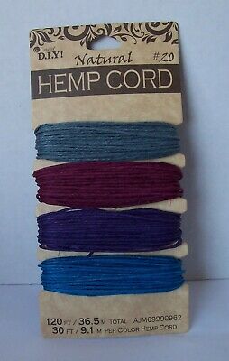 DIY NATURAL HEMP CORD NEW NEVER USED FULL PACKAGE. 4 COLORS 30 FT PER COLOR