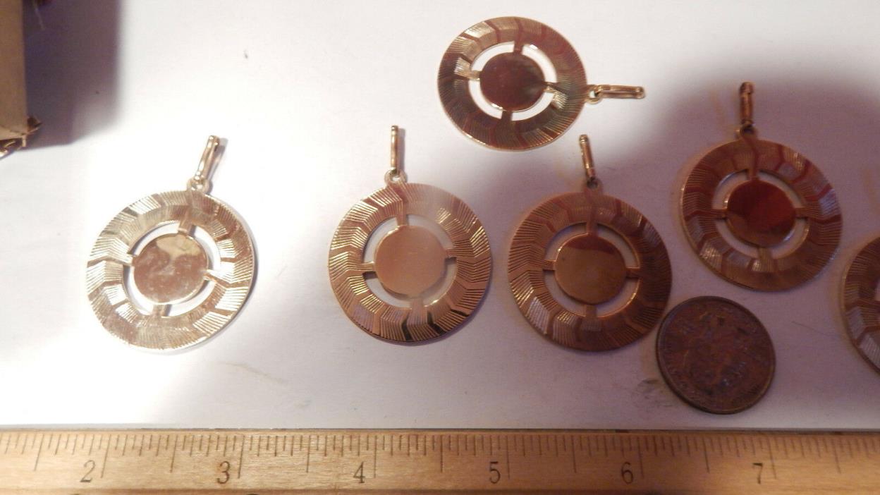 6 VINTAGE LARGE GOLD PLATE DISC CHARM PENDANTS