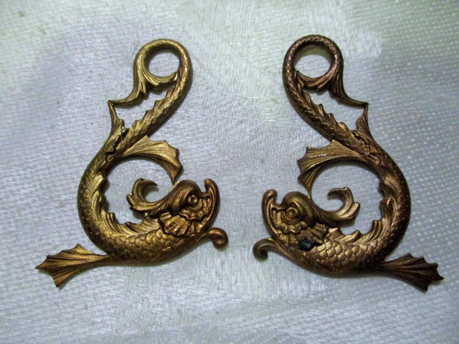 Vintage Dolphins, Matched Pair, Die Struck Brass Stamping, Jewelry Components