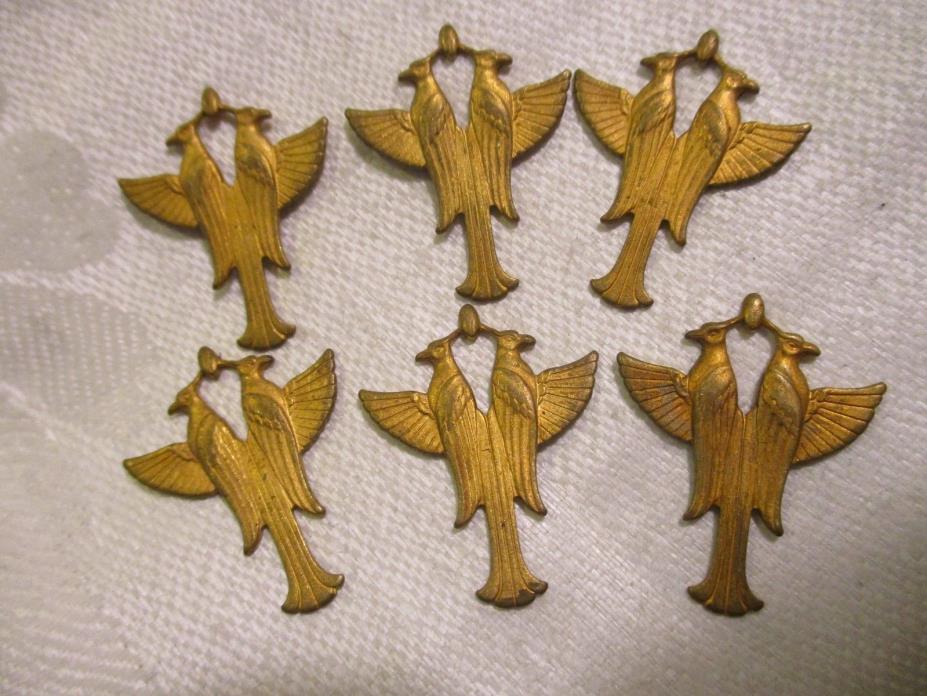 6 Vintage Egyptian Revival Double Phoenix Brass Stampings, Jewelry Components