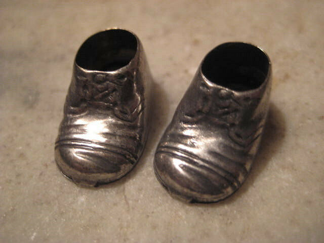 2 Vintage 1950 Charms, 3D Antique Silver Baby Shoes or Booties, Detailed Pendant