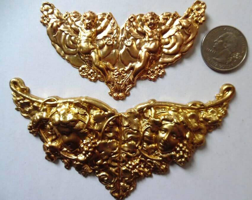 2 BAROQUE large & beautifully decorative brass findings, chrubs&goddess,120x66mm