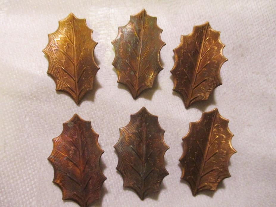 Christmas Holly Leaf Stampings, Vintage Embellishments, Jewelry Components, 6 pc