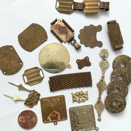 Vintage Brass Findings & Plaque Component Lot Textured Links Discs Stampings