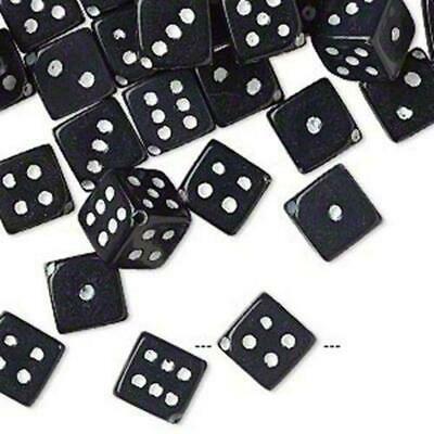 50 Black Retro 11mm Square Diagonal Cube Dice Game Beads With White Dots